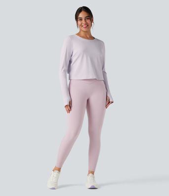 Yoga-Sport-Top mit Rundhalsausschnitt, langen Ärmeln, Daumenlöchern, Cut-Out-Design und kontrastierendem Netzstoff zum hinten binden
