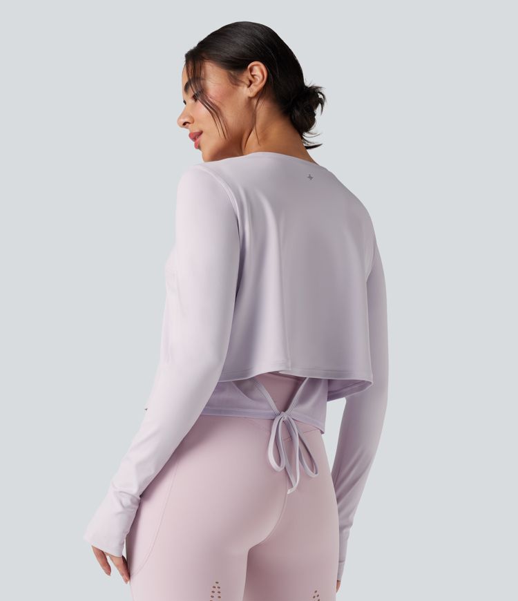 Round Neck Long Sleeve Thumb Hole Contrast Mesh Cut Out Tie Back Yoga Sports Top