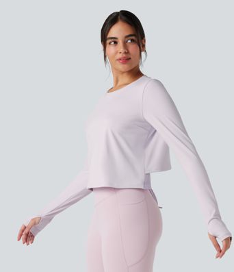 Yoga-Sport-Top mit Rundhalsausschnitt, langen Ärmeln, Daumenlöchern, Cut-Out-Design und kontrastierendem Netzstoff zum hinten binden