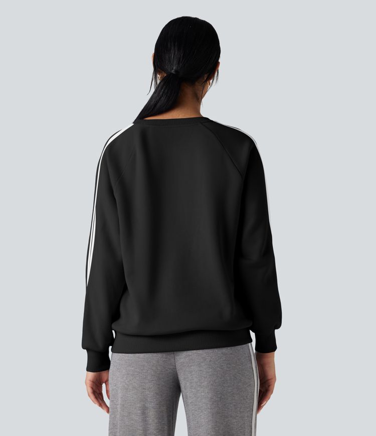 Round Neck Long Sleeve Color Block Fleece Casual Sweatshirt with Pockets