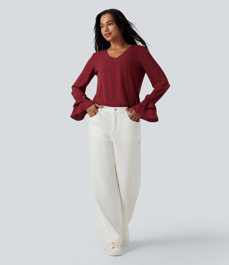 V Neck Ruffle Long Sleeve Casual Blouse