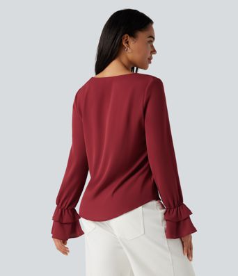 V Neck Ruffle Long Sleeve Casual Blouse