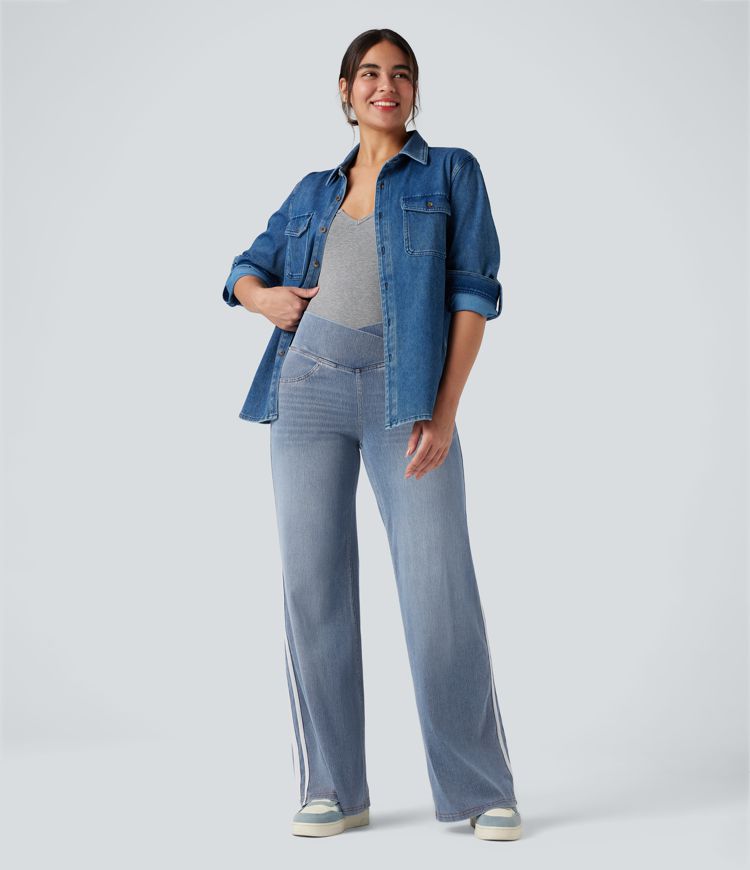 Halara Flex™ High Waisted Crossover Stripe Bootcut Casual Jeans with Pockets