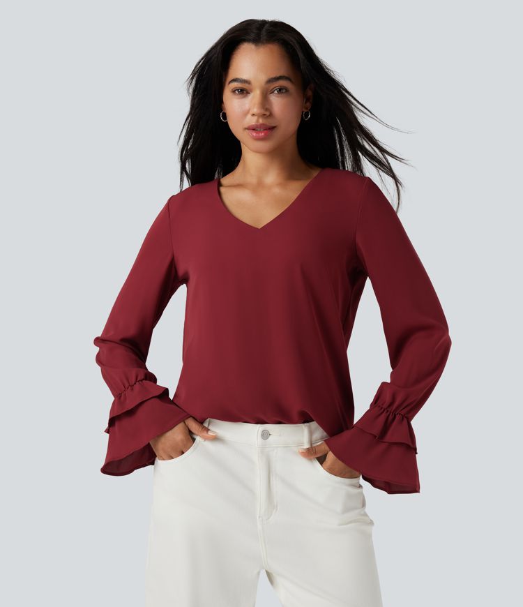 V Neck Ruffle Long Sleeve Casual Blouse