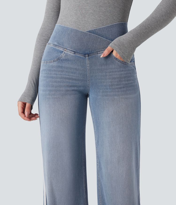 Halara Flex™ High Waisted Crossover Stripe Bootcut Casual Jeans with Pockets