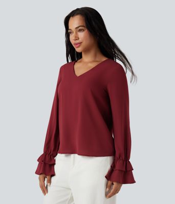 V Neck Ruffle Long Sleeve Casual Blouse