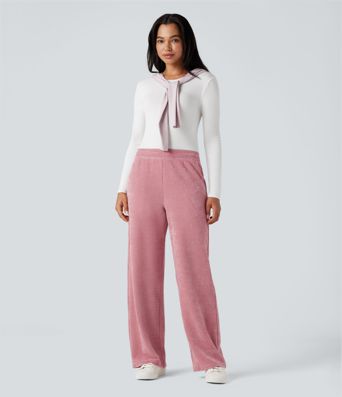 Mid Rise Chenille Waffle Casual Straight-leg Pants with Pockets