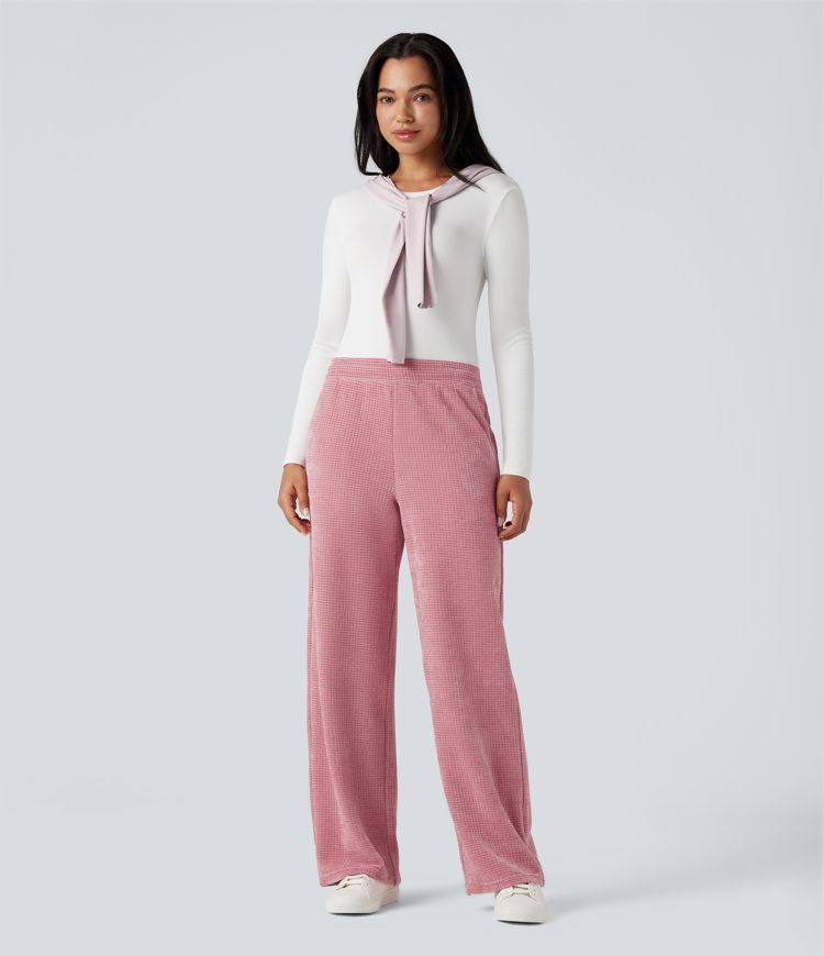 Mid Rise Chenille Waffle Casual Straight-leg Pants with Pockets