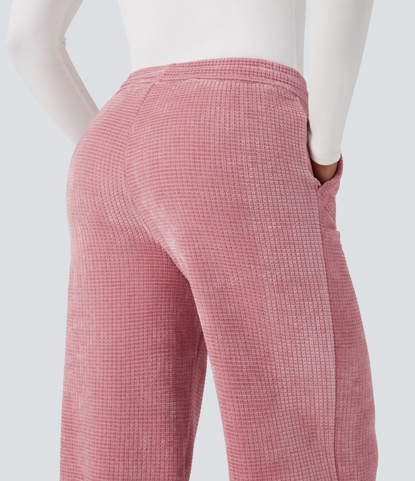 Mid Rise Chenille Waffle Casual Straight-leg Pants with Pockets