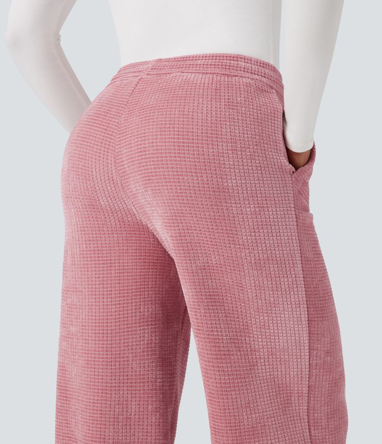 Mid Rise Chenille Waffle Casual Straight-leg Pants with Pockets