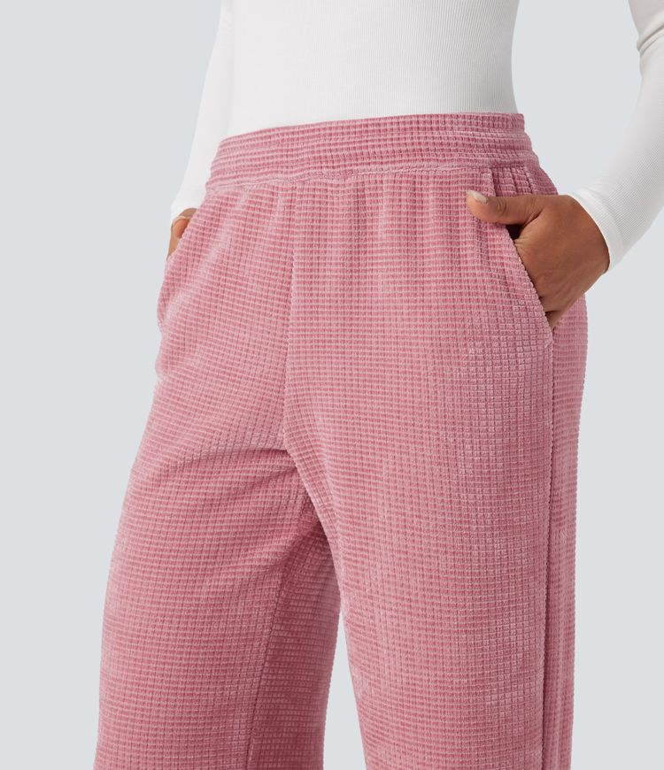 Mid Rise Chenille Waffle Casual Straight-leg Pants with Pockets