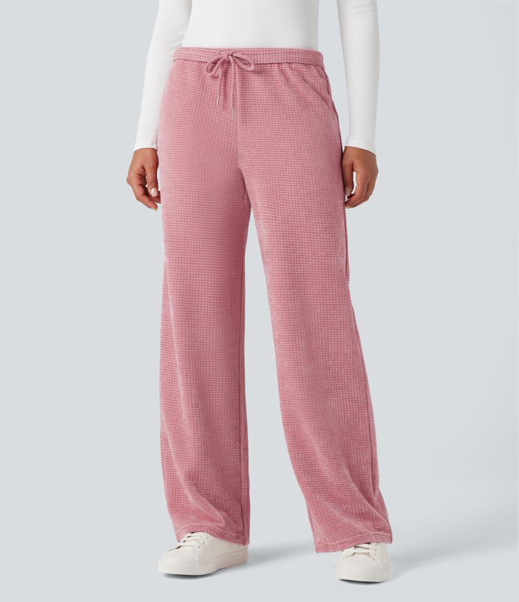 Rose Elegance Pantalon droit décontracté en chenille gaufrée, taille mi-haute, avec poches. / 1