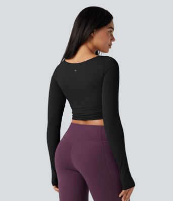 Push-Up Molded Spacer Scoop Neck Long Sleeve Thumb Holes Crossover Cropped Yoga Sports Top