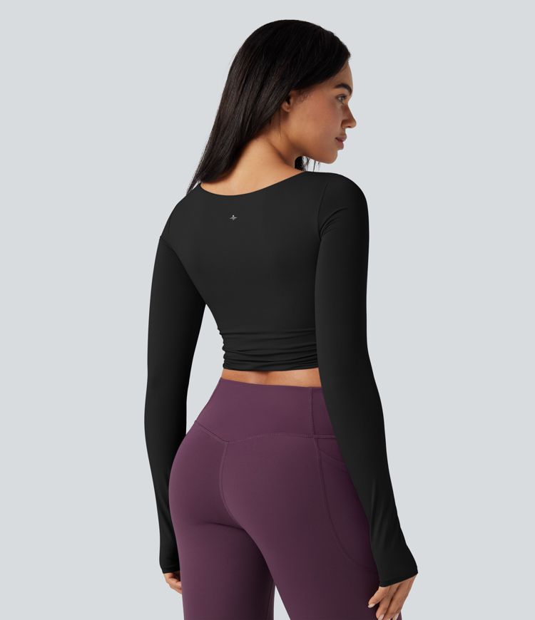 Push-Up Molded Spacer Scoop Neck Long Sleeve Thumb Holes Crossover Cropped Yoga Sports Top