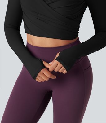 Push-Up Molded Spacer Scoop Neck Long Sleeve Thumb Holes Crossover Cropped Yoga Sports Top