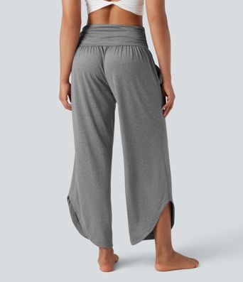 Pantalones de yoga jaspeados de tiro medio y pernera ancha, con fruncidos, pañuelo curvo y bolsillos