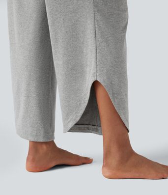 Mid Rise Ruched Curved Hem Heathered Yoga Wide Leg Trousers with Pockets