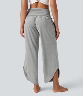 Mid Rise Ruched Curved Hem Heathered Yoga Wide Leg Trousers with Pockets