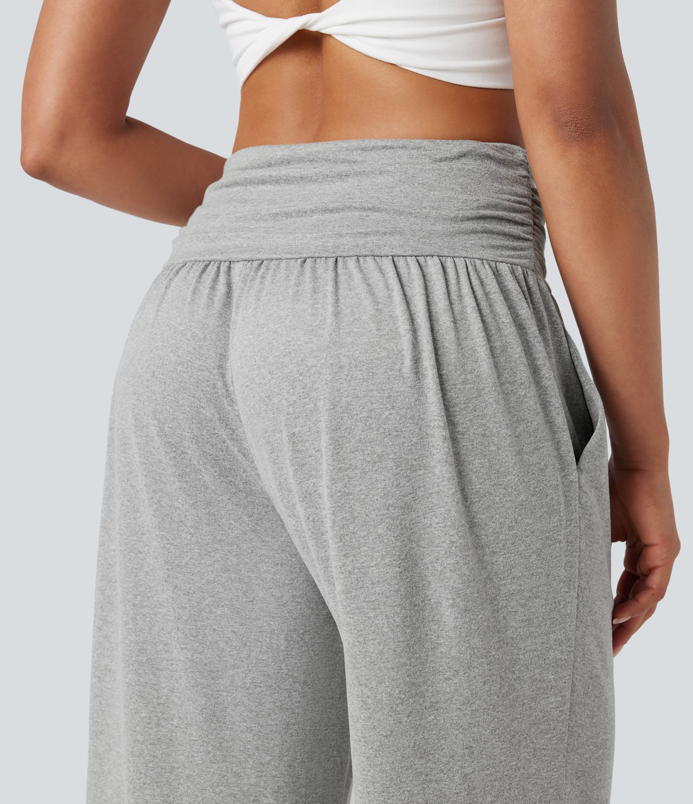 Mid Rise Ruched Curved Hem Heathered Yoga Wide Leg Trousers with Pockets