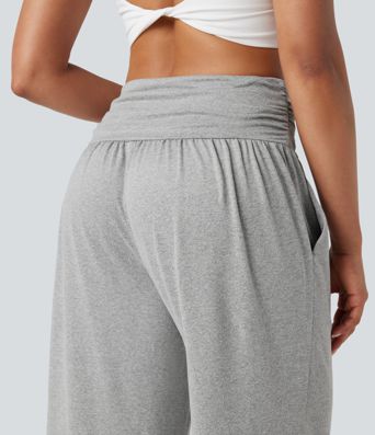 Mid Rise Ruched Curved Hem Heathered Yoga Wide Leg Trousers with Pockets