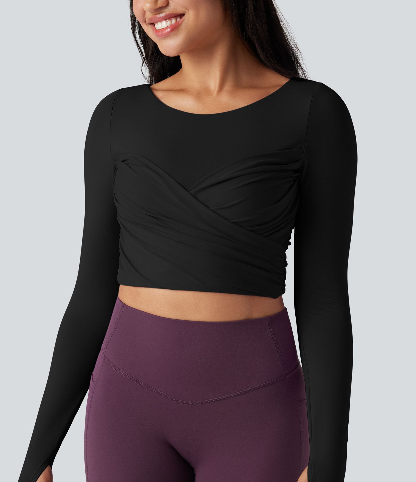 Push-Up Molded Spacer Scoop Neck Long Sleeve Thumb Holes Crossover Cropped Yoga Sports Top