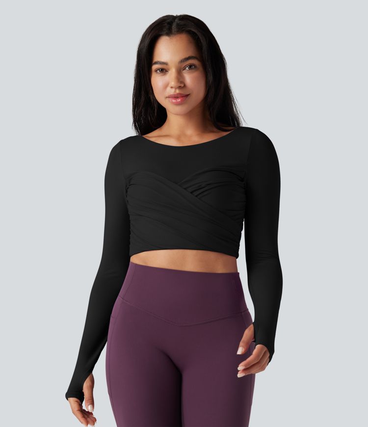 Push-Up Molded Spacer Scoop Neck Long Sleeve Thumb Holes Crossover Cropped Yoga Sports Top