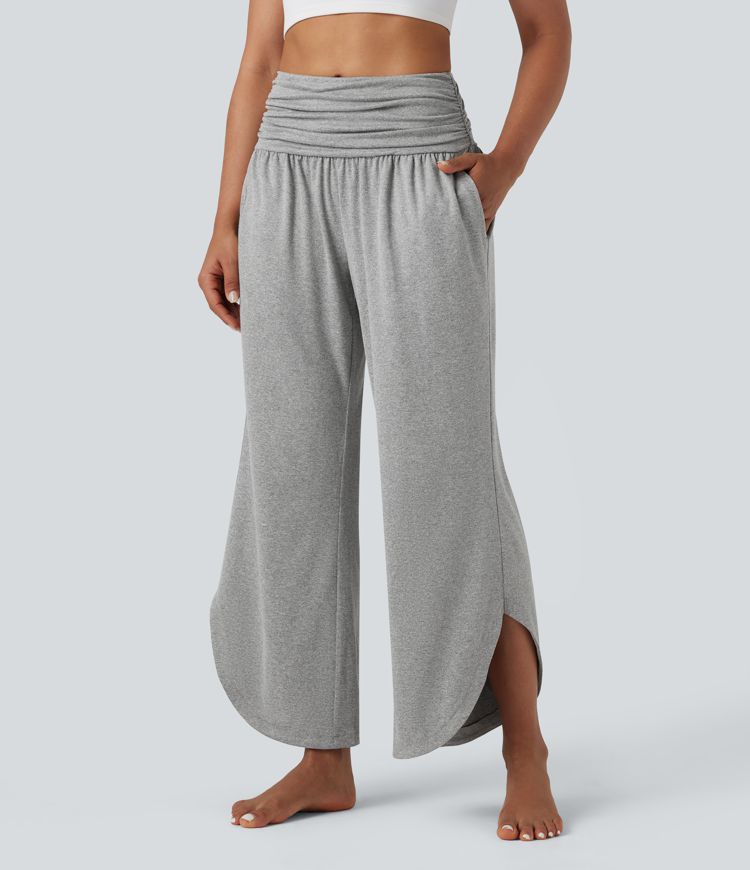Mid Rise Ruched Curved Hem Heathered Yoga Wide Leg Pants with Pockets