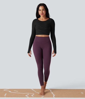 Push-Up Molded Spacer Scoop Neck Long Sleeve Thumb Holes Crossover Cropped Yoga Sports Top