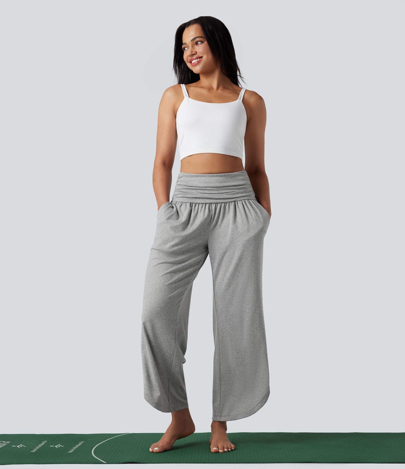 Mid Rise Ruched Curved Hem Heathered Yoga Wide Leg Trousers with Pockets