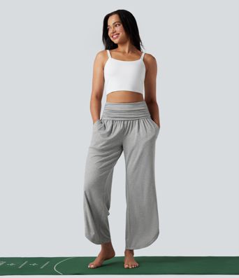 Mid Rise Ruched Curved Hem Heathered Yoga Wide Leg Trousers with Pockets