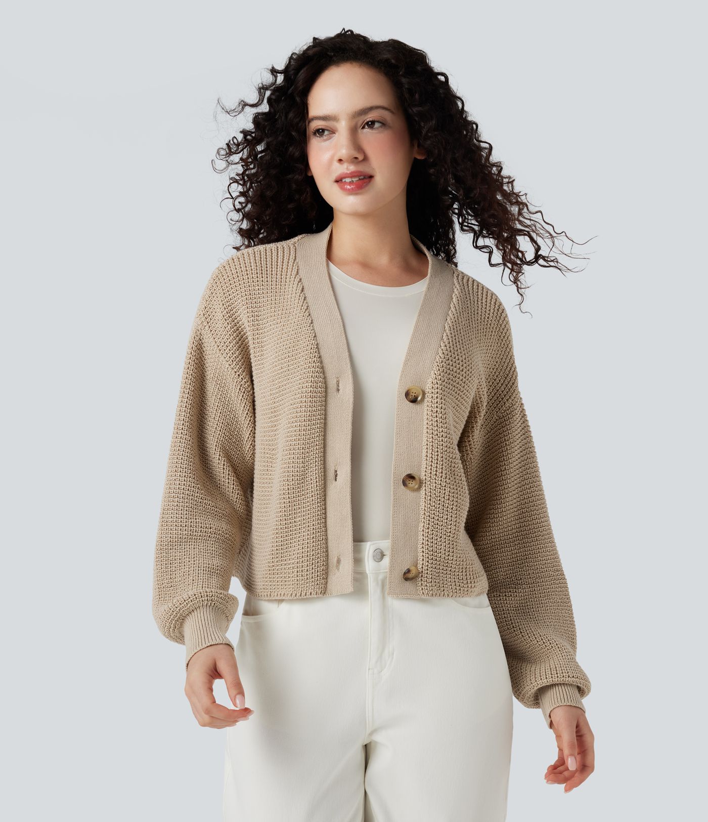 Casual vest met V-hals, lange mouwen en wafelstructuur