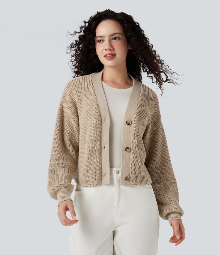 V-neck Long Sleeve Waffle Casual Cardigan