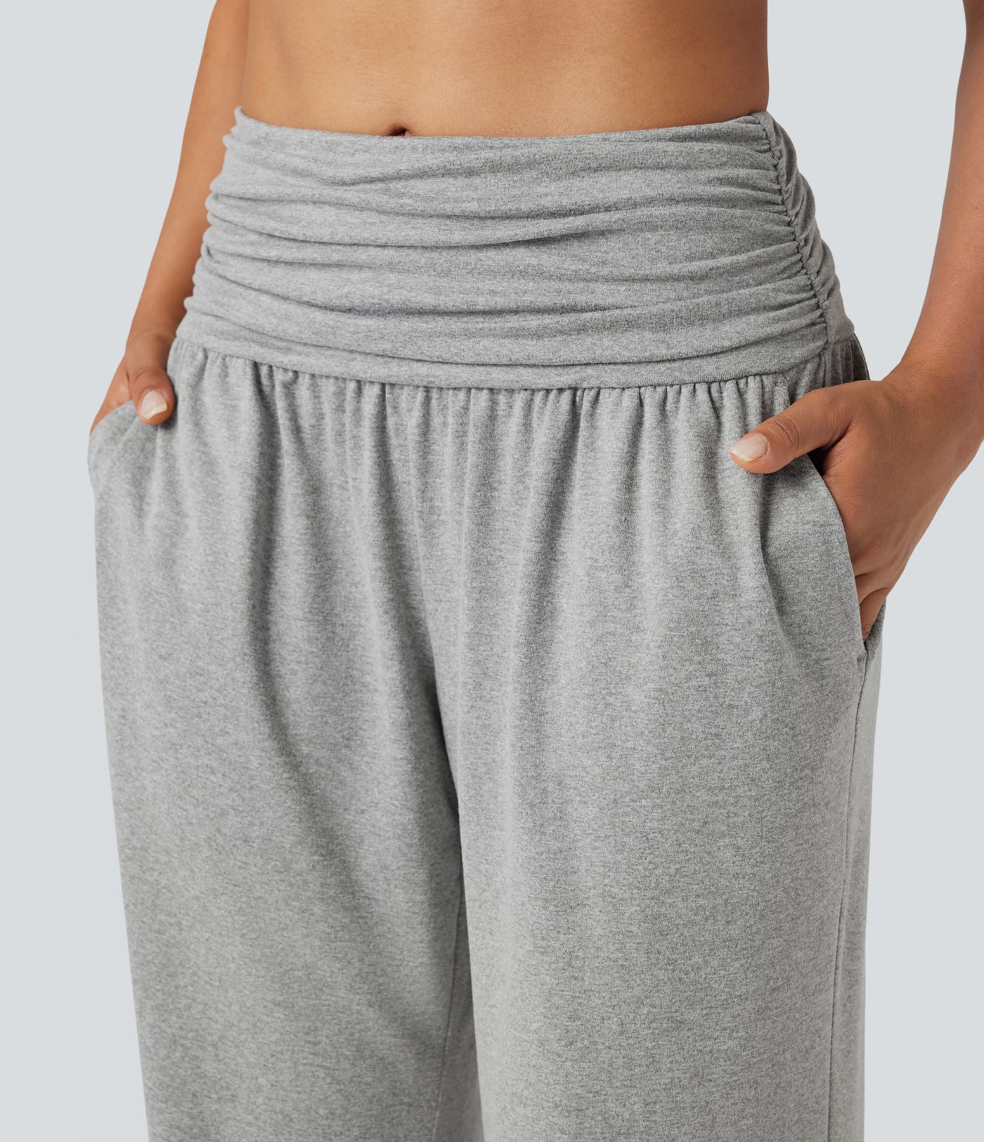 Mid Rise Ruched Curved Hem Heathered Yoga Wide Leg Trousers with Pockets