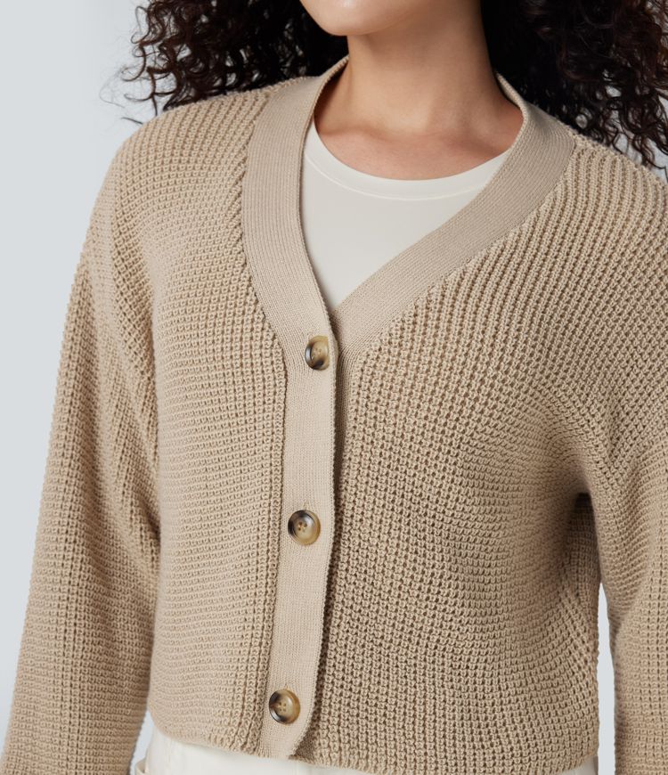 V-neck Long Sleeve Waffle Casual Cardigan