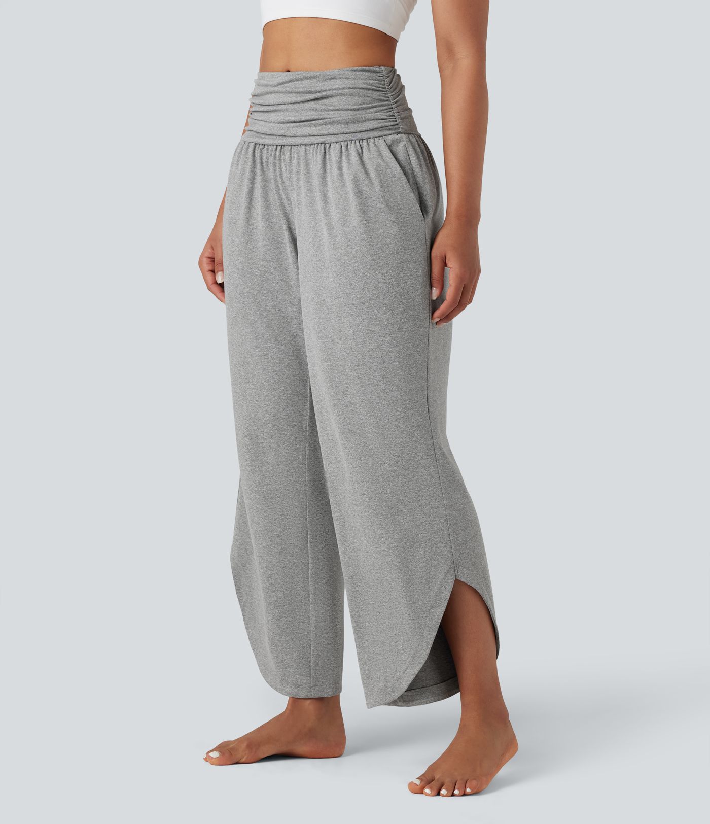 Mid Rise Ruched Curved Hem Heathered Yoga Wide Leg Trousers with Pockets