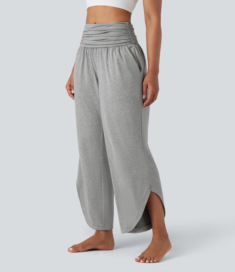 Mid Rise Ruched Curved Hem Heathered Yoga Wide Leg Trousers with Pockets