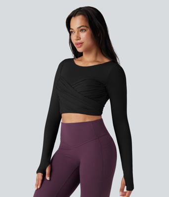 Push-Up Molded Spacer Scoop Neck Long Sleeve Thumb Holes Crossover Cropped Yoga Sports Top