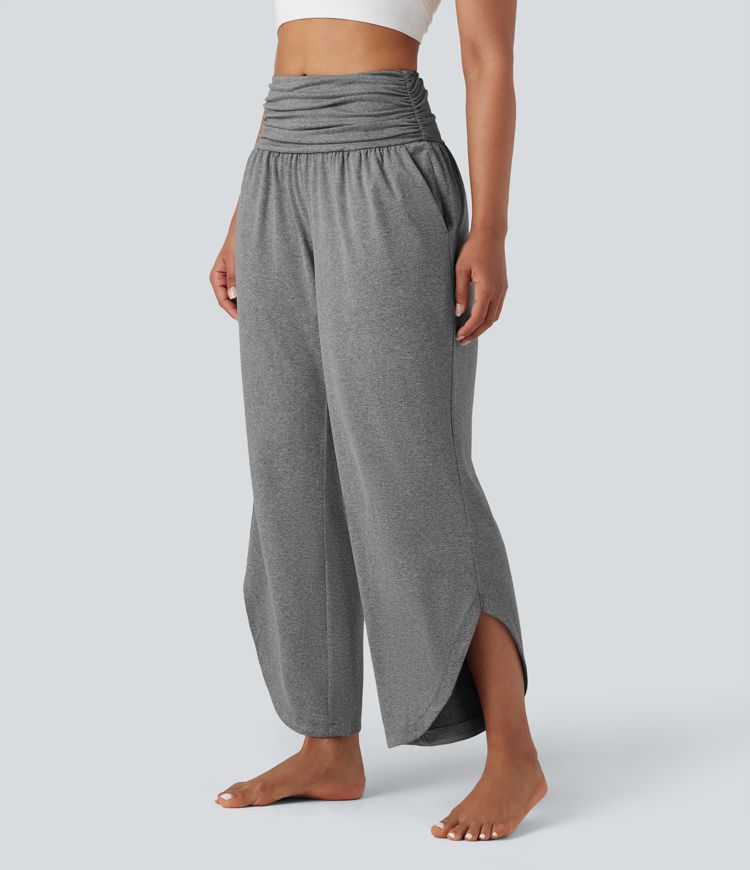 Pantalones de yoga jaspeados de tiro medio y pernera ancha, con fruncidos, pañuelo curvo y bolsillos