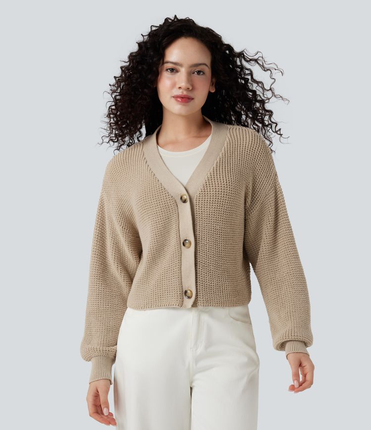 V-neck Long Sleeve Waffle Casual Cardigan