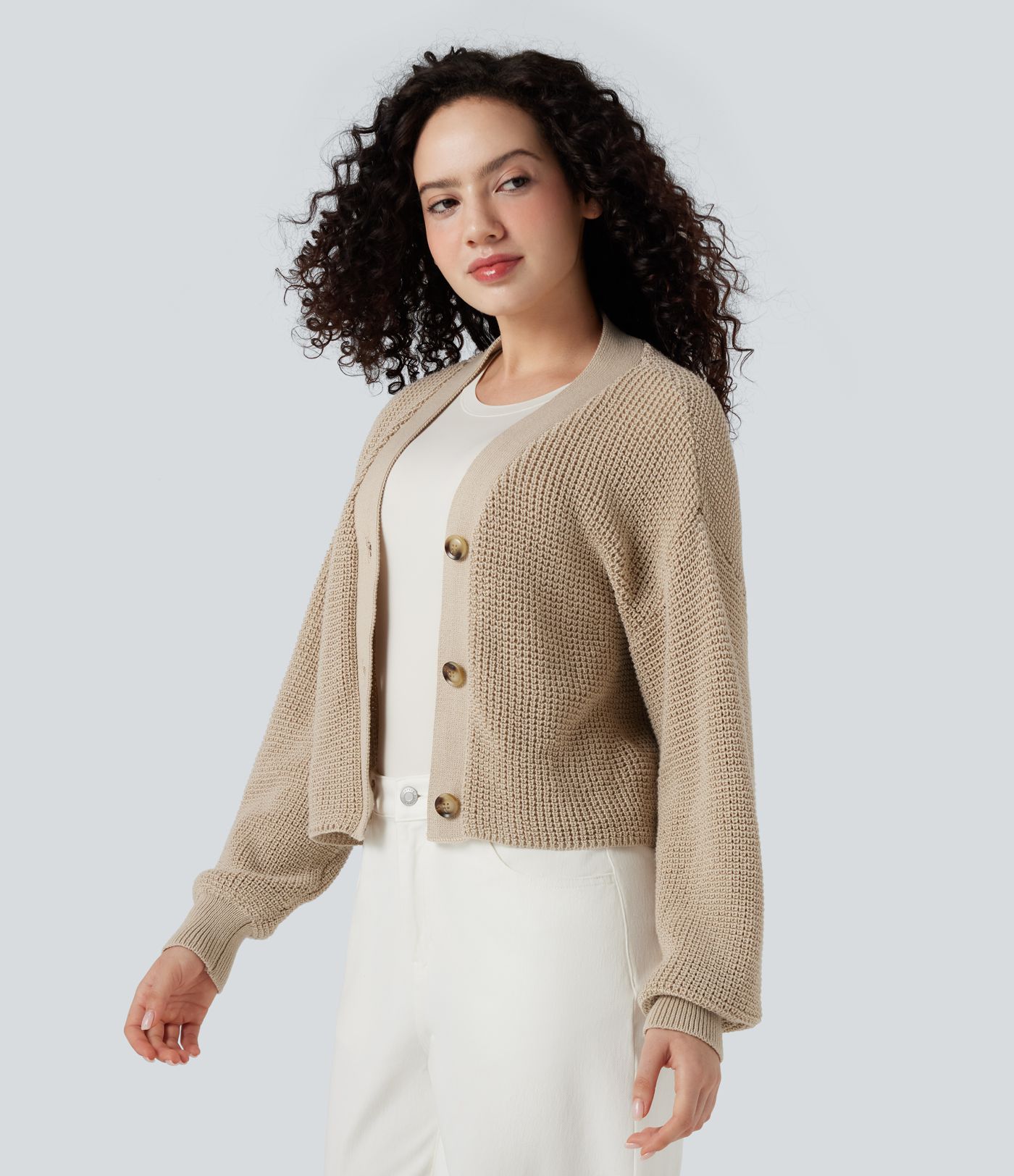 Casual vest met V-hals, lange mouwen en wafelstructuur