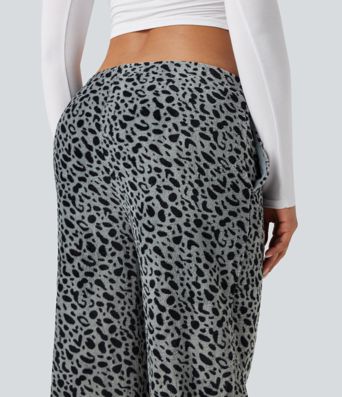 Mid Rise Drawstring Leopard Print Fleece Casual Baggy Pants with Pockets