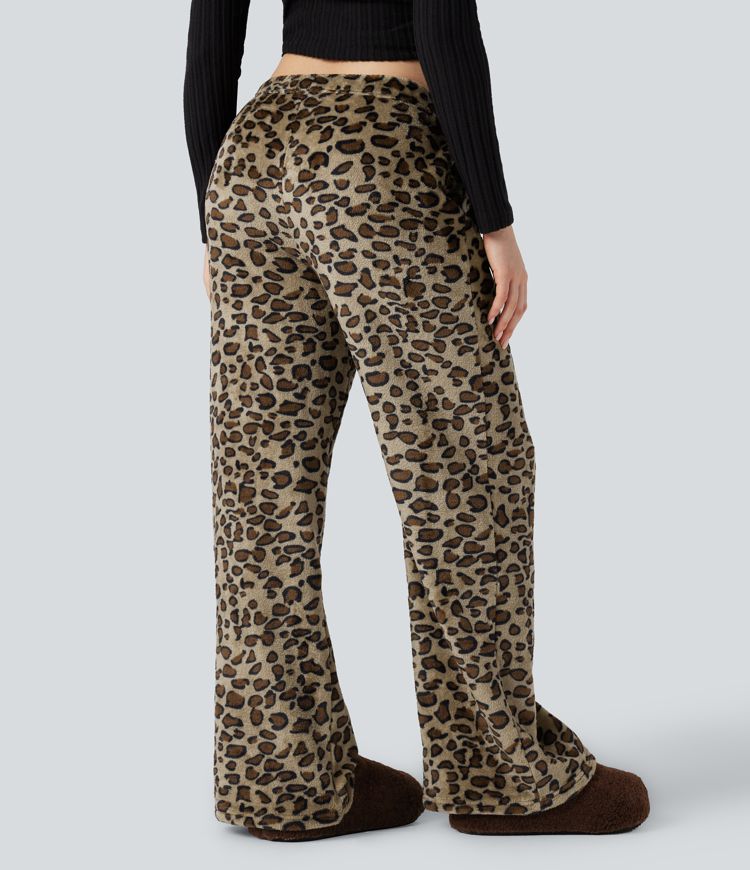 Pantalones baggy informales de forro polar con estampado de leopardo, cintura media, cordón ajustable y bolsillos