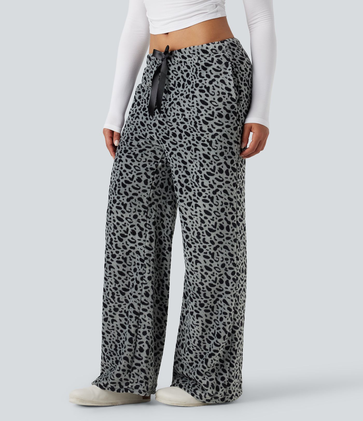 Mid Rise Drawstring Leopard Print Fleece Casual Baggy Pants with Pockets