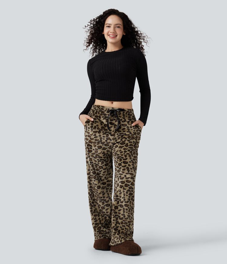 Pantalones baggy informales de forro polar con estampado de leopardo, cintura media, cordón ajustable y bolsillos