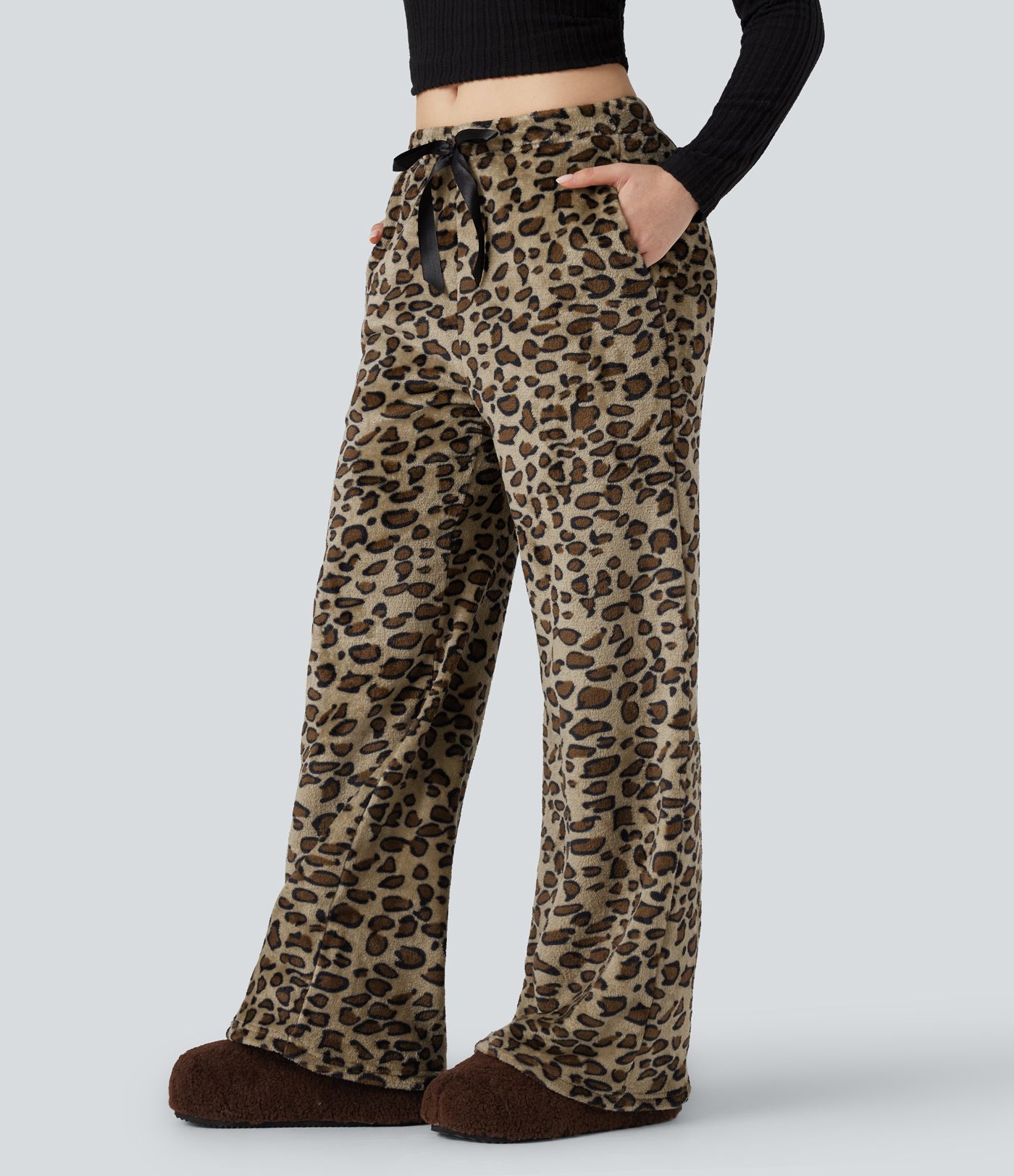 Pantalones baggy informales de forro polar con estampado de leopardo, cintura media, cordón ajustable y bolsillos