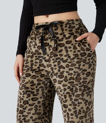 Pantalones baggy informales de forro polar con estampado de leopardo, cintura media, cordón ajustable y bolsillos