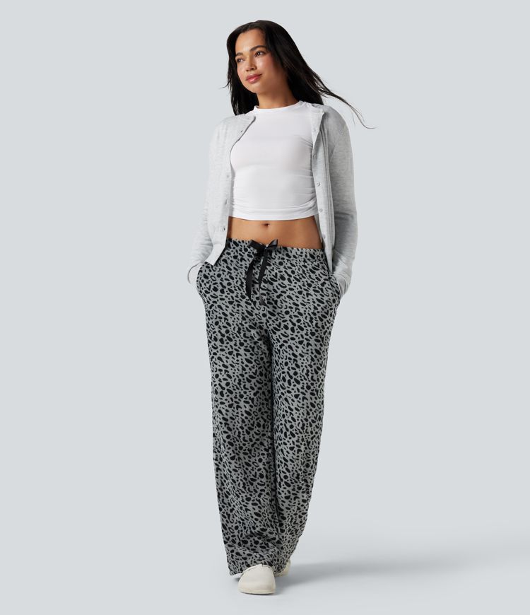 Mid Rise Drawstring Leopard Print Fleece Casual Baggy Pants with Pockets