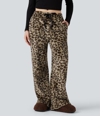 Pantalones baggy informales de forro polar con estampado de leopardo, cintura media, cordón ajustable y bolsillos