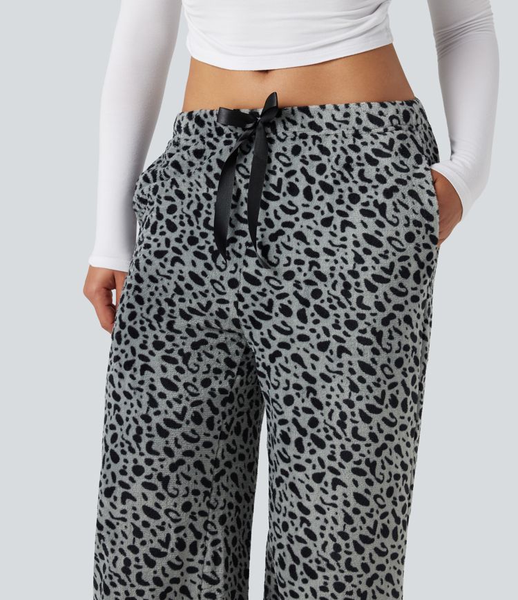Mid Rise Drawstring Leopard Print Fleece Casual Baggy Pants with Pockets