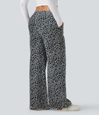Mid Rise Drawstring Leopard Print Fleece Casual Baggy Pants with Pockets
